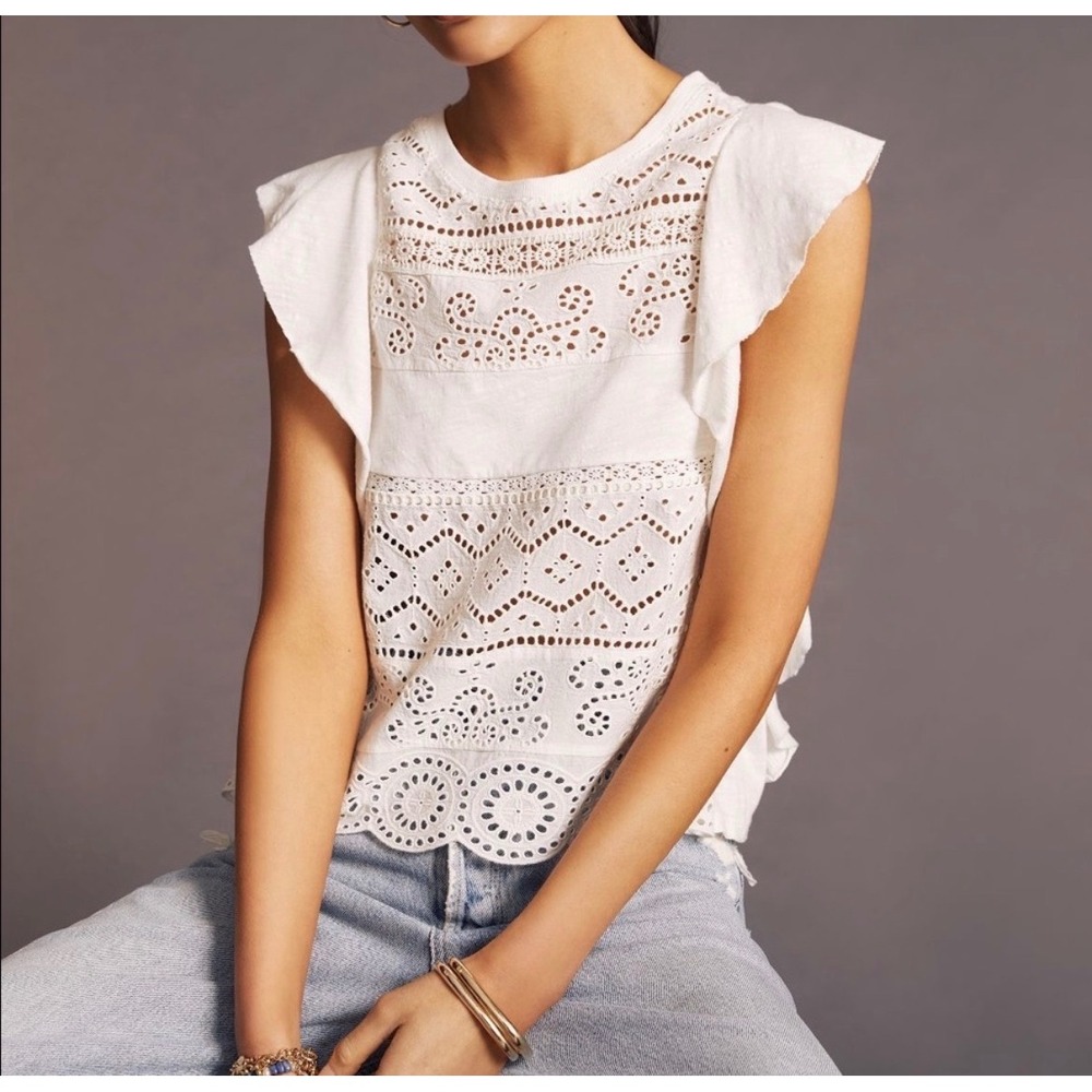 Anthropologie 100% Cotton Lace Boho Coquette Blouse Ruffle Cottagecore Top M
